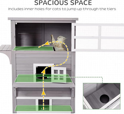 PawHut 3-Story Cat House Feral Cat Shelter, Outdoor Kitten Condo with Raised Floor, Asphalt Roof, Escape Doors, Jumping Platforms, Gray