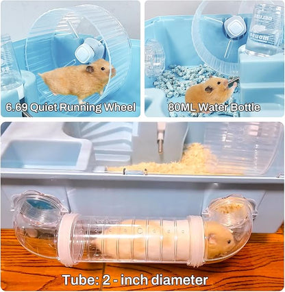 Tfwadmx Dwarf Hamster Cage,Acrylic Rat Cage,Hamster Home Small Animal Cages with Tube Exercise Wheel Mouse Habitat for Gerbils Mice 17.7”x11”x11.8”, Blue
