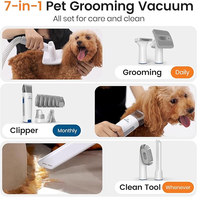 oneisall Dog Hair Vacuum & Dog Grooming Kit, Pet Grooming Vacuum with Pet Clipper Nail Grinder, 1.5L Dust Cup Dog Brush Vacuum with 7 Pet Grooming Tools for Shedding Pet Hair, Home Cleaning (Blue)