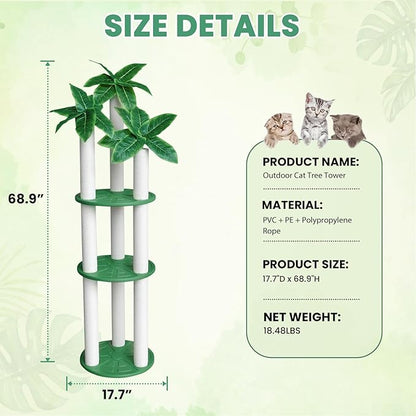 68 inch Waterproof cat Tower, Cylindrical Outdoor cat Tree with Green Leaves,Plastic Board and cat Scratching Post,Used in Catio,Deck,Patio