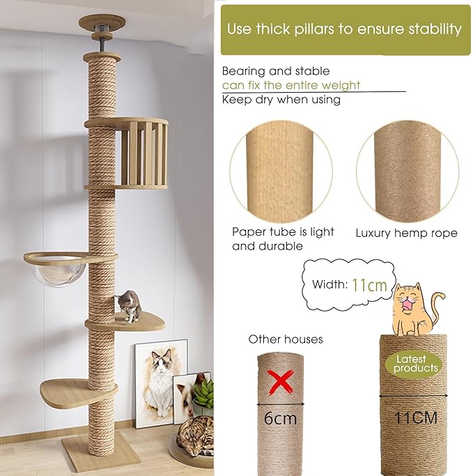 Floor to Ceiling cat Tree - Adjustable Height (95-98in,104.3-108.2in)- with Width 4.33 in Scratching Post,Cat Hammock,Fully Wrapped with sisal Rope - Heavy Duty cat Tree.(Holds 110 lbs)