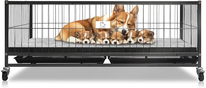 Homey Pet Whelping Box for Dogs and Puppies, 43 inch Stackable Heavy Duty Metal Wire Dog Crate Cage Kennel with Wheels for Large Medium Small Sized Dogs