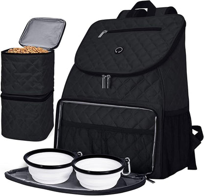BAGLHER Dog Travel Bag, Airline Approved Pet Supplies Backpack, Dog Travel Backpack with 2 Silicone Collapsible Bowls and 2 Food Baskets, Black