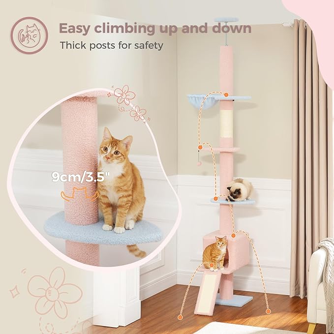 PEQULTI Cat Tree Floor to Ceiling,Tall Cat Tower, Adjustable Height (83''-108'') 5 Tiers Climbing Tree for Indoor Cats with Cat Condo, Scratching Post and Ladder,Pink