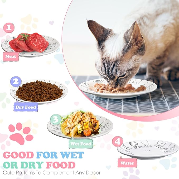 Irenare 10 Pcs Ceramic Cat Bowl 6 Inch Anti Whisker Fatigue Cat Plates Set Cute Shallow Pet Food Bowl Dishes for Food and Water, Kittens Small Animals(Cute Pattern)