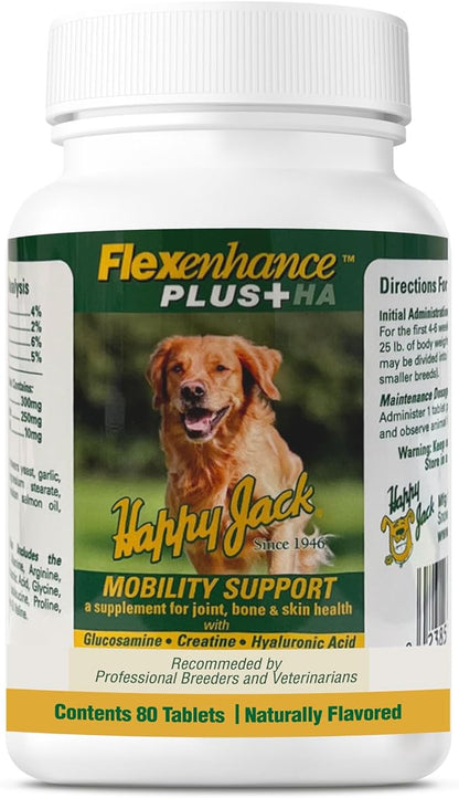 HAPPY JACK Flexenhance Dog Hip and Joint Supplement with Skin & Coat Support Plus (80 Chewable Tabs), Improve Flexibility & Mobility, Glucosamine, Green Lipped Mussel, Fish Oil