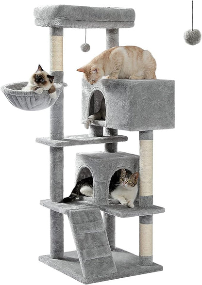 PEQULTI 56.3'' Cat Tree for Large Cats with Super Large Top Perch, Tower for Indoor Cats with Hammock and Sleeping Bag, Cat Shelves with Scratching Posts and 2 Condos Houses Grey