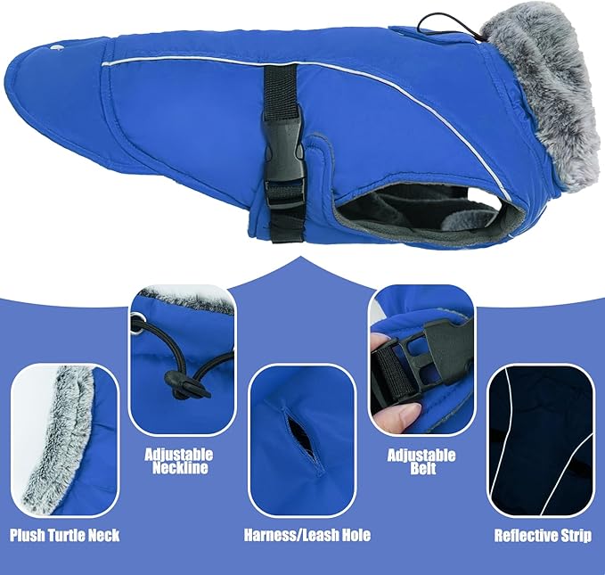DENTRUN Large Dog Coat - Thick Fleece Lined Reflective Winter Jacket, Snap Closure & Leash Hole, Warm Thick Fleece Lined, Plush Turtleneck Vest for German Shepherd, Blue, XXL