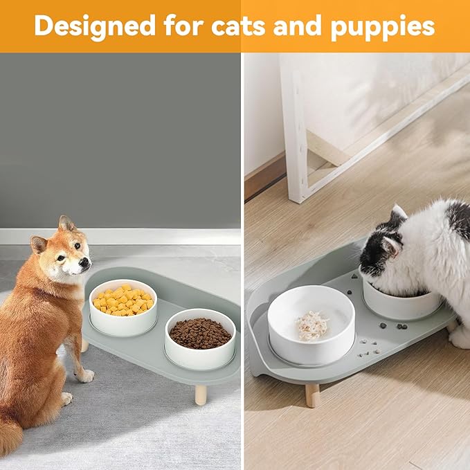 Elevated Dog Bowls Set, Ceramic Pet Food & Water Bowls with Non-Slip Stand, No Spill Design for Cats/Small Medium Dogs Gray