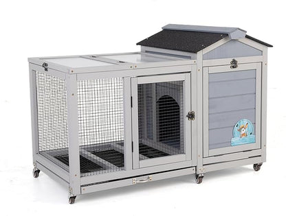 COZIWOW 39inches Fashion Wood Rabbit Hutch Indoor，Wide Space Small Animal Houses Habitats with Removable Tray&Safety Lock，Bunny Cage with Waterproof Roof&Solar Panels (Grey)