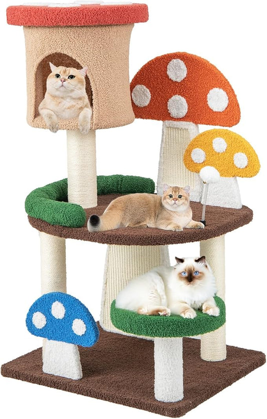 Tangkula Mushroom Cat Tree, Cute Cat Tower with Full-Wrapped Sisal Post, Scratching Board & Spring Ball, Cat Condo, Flower Cat Tree Tower for Indoor Cats Large Adult (40.5 Inch)