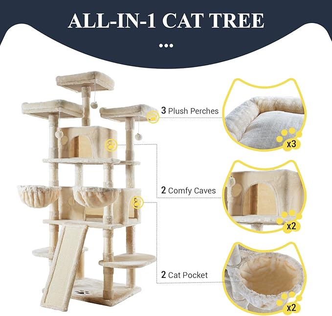 Allewie 68 Inches Cat Tree/House and Towers for Big Feline/Scratching Post/Multi-Level Large Kitty Climbing Tree with Condo/Beige