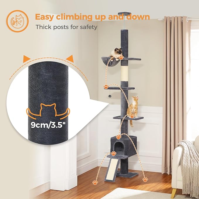 PETEPELA Floor to Ceiling Cat Tree[83"-108"], Cat Tower 5 Levels, Height Adjustable, Cat Scratching Post with Top Perches and Spacious Condo for Large Indoor Cats, Dark Grey
