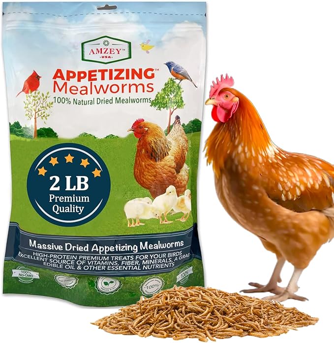 Amzey Dried Mealworms 2 LB, 100% Natural Meal Worms for Chicken & Birds, Organic Chicken Feed for Laying Hens, High Protein and Nutrition, Zipped Bag