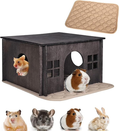 Wooden Guinea Pig Hideout, Guinea Pig House Small Rabbit Hideout with Multiple Windows, Small Animal House Bunny House Hideaway Castle Habitat for Guinea Pigs, Hamster, Chinchilla