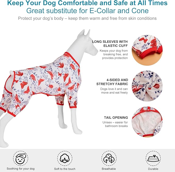 LovinPet Large Dog Bodysuit For Shedding, Pet Anxiety Relief Pajamas, Uv Protection Dog Shirt, Comfy Stretchy Fabric, White Butterfly Print, Pajamas for Pitbulls, Pitbull Clothes For All Seasons,Large