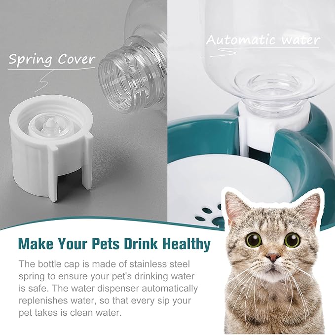 Dog Bowls, Cat Food and Water Bowl Set with Water Dispenser and Stainless Steel Bowl for Cats and Small Dogs - Dark Green