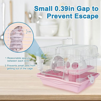 1 PCS Dwarf Hamster Cage Portable, 2-Tier Small Animal Habitat Travel Hamster Cages with Exercise Wheel, Water Bottle, Food Dish for Dwarf Hamsters, Mice, Gerbils (Grey/Blue/Pink, Random Delivery)