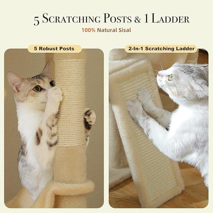 PAWZ Road Tall Cat Tree, Floor to Ceiling Cat Tower with Adjustable Height(85-112 Inches), 7 Tiers Climbing Tower with Cozy Hammocks, 5 Platforms and Scratching Posts for Indoor Cats-Beige