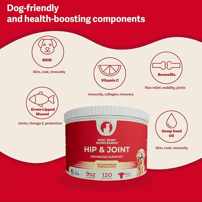 Hip & Joint Supplement for Dogs – Advanced Mobility Support with Glucosamine, Chondroitin, MSM, Turmeric & Green Lipped Mussel – 120 Soft Chews for Large, Medium & Small Dogs – Beef Flavor