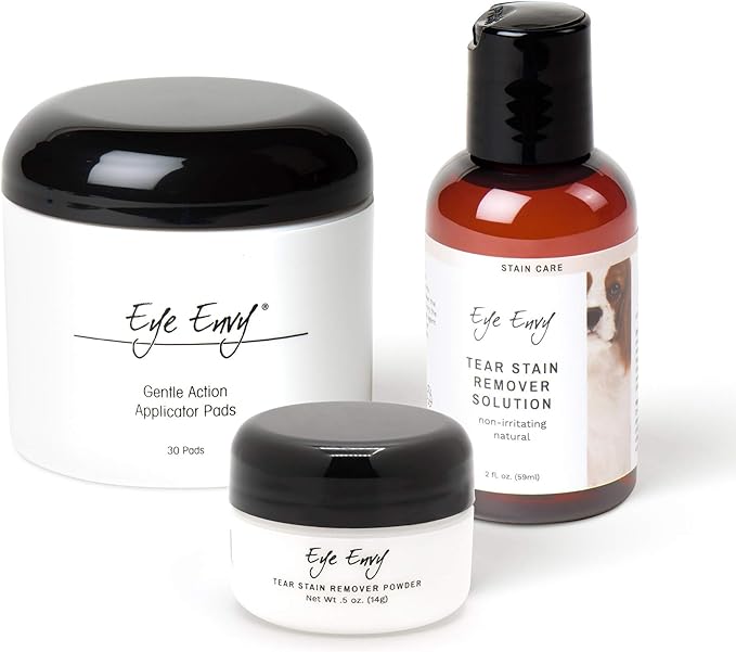 Eye Envy Dog Tear Stain Remover Starter Kit. 100% Natural, Safe. Contains: Stain Solution, Applicator Pads, and Stain Powder. Tear Stain Treatment Kit. Lasts 30-45 Days. Made in USA