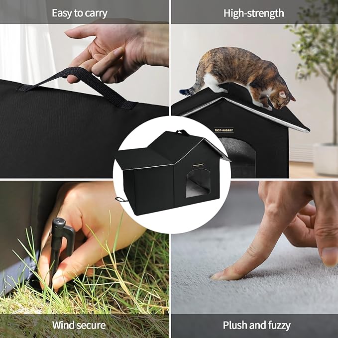 Rest-Eazzzy Outdoor Cat House, Feral Cat House Insulated with Mat and Clip, Weatherproof and Insulated, Cat Beds for Cats Kittens Puppies, Never Blow Away (Black, M 13" X 17" X 20")