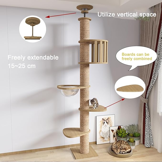 Floor to Ceiling cat Tree - Adjustable Height (95-98in,104.3-108.2in)- with Width 4.33 in Scratching Post,Cat Hammock,Fully Wrapped with sisal Rope - Heavy Duty cat Tree.(Holds 110 lbs)