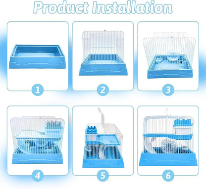 PINVNBY 2-Tier Dwarf Hamster Cage, Travel Portable Mouse Cage Gerbil Cages and Habitats Small Animal Carrier with Castle House Exercise Wheels, Water Bottle and Food Dish(Blue)