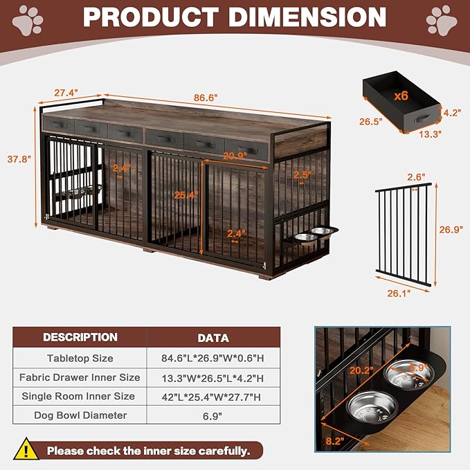 86.6" Double Dog Crate Furniture for Large Breeds,Metal Frame Heavy Duty Chew-Resistant Dog Crate Kennel for 2 Dogs with Adjustable Feeder Bowls/Removable Divider/6 Drawers,Rustic Brown