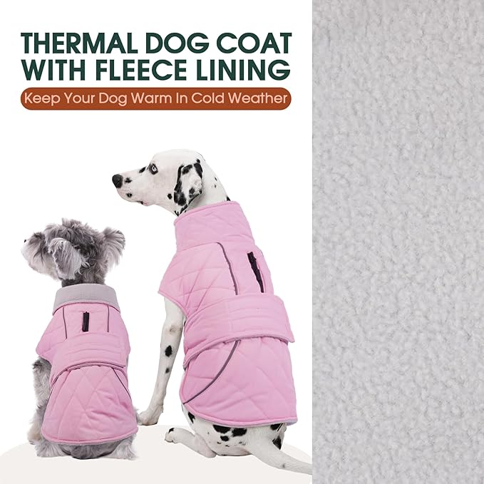 Kuoser Dog Coat, Extra Warm Dog Jacket Windproof Dogs Cold Weather Coats for Large Dogs, Fleece Lining Turtleneck Puppy Snowsuit Reflective Adjustable Pet Winter Clothes Christmas, Pink 2XL