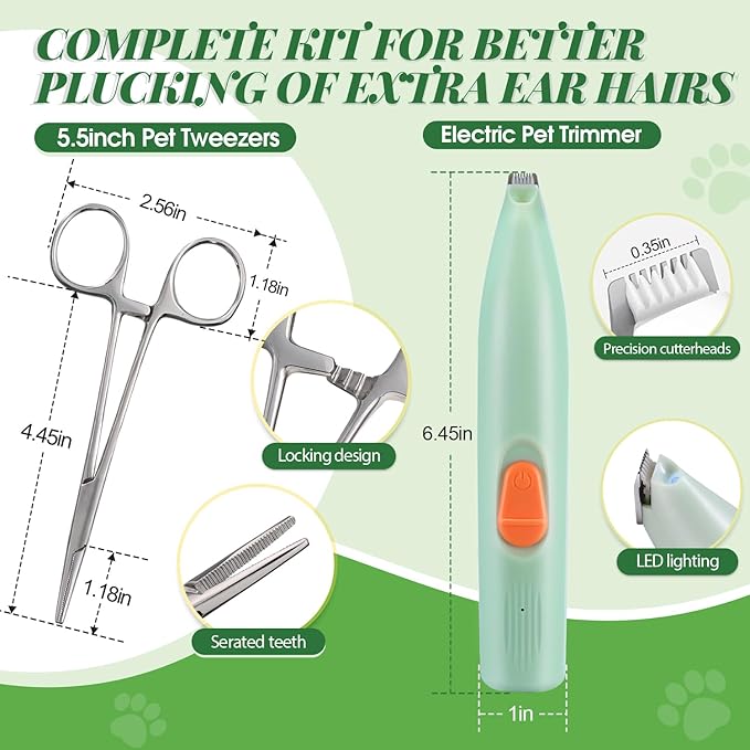 Dog Ear Powder Set, Dog Ear Powder for Hair Removal 30g , 5.5 Inch Hemostat and Dog Clippers for Grooming, Dog Ear Infection Treatment ，Removing Earwax and Odour，Relief of Itching（greener 3pcs)