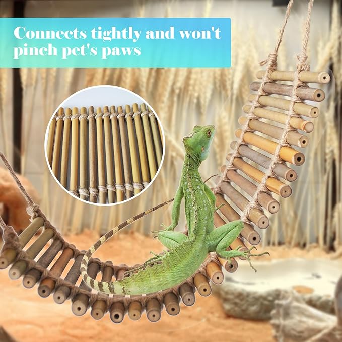 kathson Reptile Bridge for Terrarium,Bearded Dragon Wooden Bridges Gecko Hammock with Hanging Plants Lizard Lounger Bamboo Ladder Reptiles Tank Accessories Climbing for Chameleons Geckos Snakes (3Pcs)