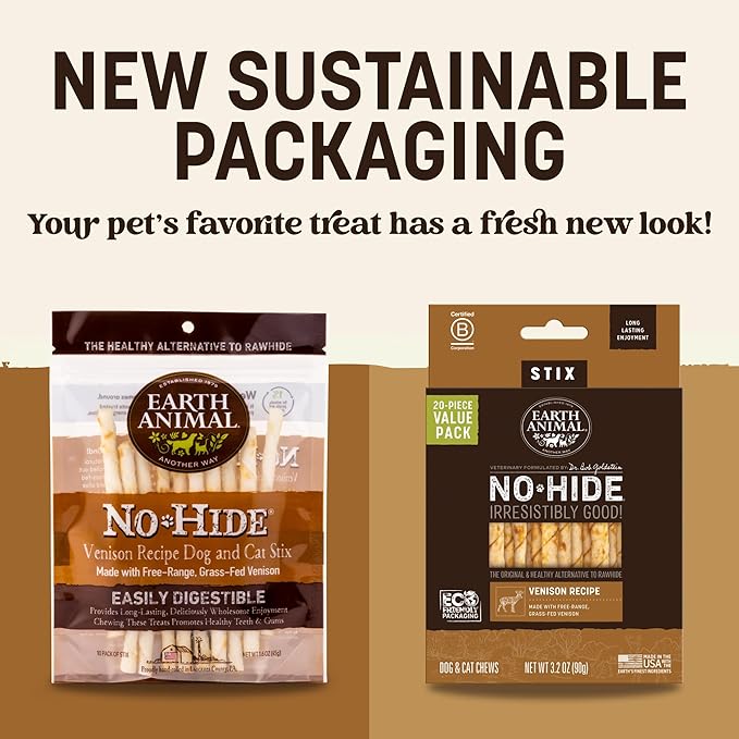 Earth Animal No-Hide Stix Venison Recipe Natural Rawhide Alternative Dog & Cat Chews - 40 Count Extra Value Pack