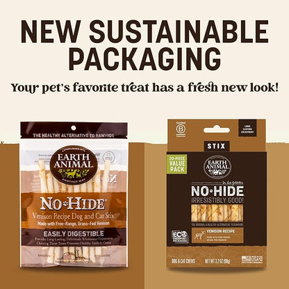 Earth Animal No-Hide Stix Venison Recipe Natural Rawhide Alternative Dog & Cat Chews - 40 Count Extra Value Pack