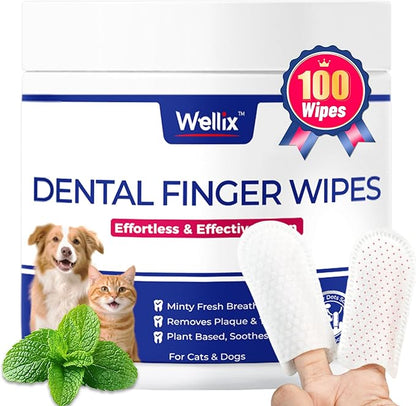 Wellix 100 Count Dog Teeth Cleaning Wipes for Dogs & Cats - Natural Formula Dental Care Finger Wipes Reduces Dog Plaque, Tartar & Bad Breath - No-Rinse Disposable Dog Dental Wipes