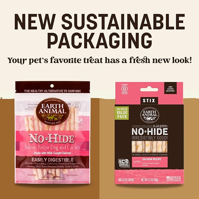 Earth Animal No-Hide Stix Salmon Recipe Natural Rawhide Alternative Dog & Cat Chews - 40 Count Extra Value Pack