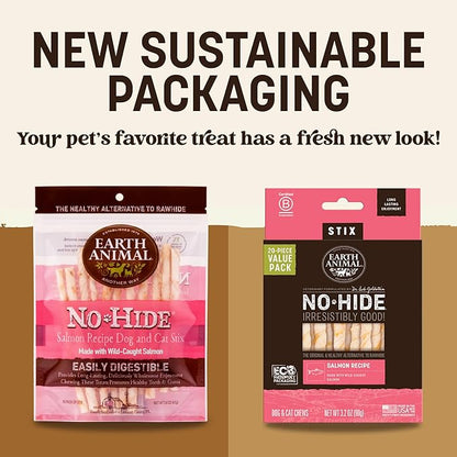 Earth Animal No-Hide Stix Salmon Recipe Natural Rawhide Alternative Dog & Cat Chews - 40 Count Extra Value Pack