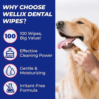 Wellix 100 Count Dog Teeth Cleaning Wipes for Dogs & Cats - Natural Formula Dental Care Finger Wipes Reduces Dog Plaque, Tartar & Bad Breath - No-Rinse Disposable Dog Dental Wipes