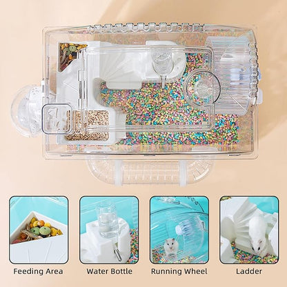 Tfwadmx Dwarf Hamster Cage,Acrylic Rat Cage,Hamster Home Small Animal Cages with Tube Exercise Wheel Mouse Habitat for Gerbils Mice 17.7”x11”x11.8”