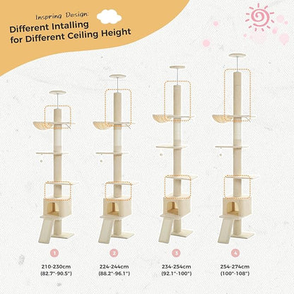 PETEPELA Floor to Ceiling Cat Tree[83"-108"], Cat Tower 5 Levels, Height Adjustable, Cat Scratching Post with Top Perches and Spacious Condo for Large Indoor Cats, Beige