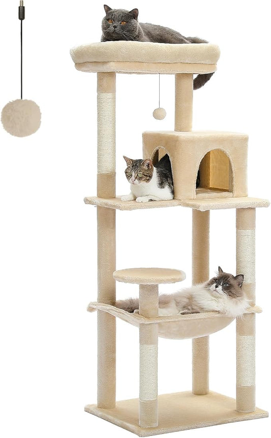 PEQULTI Cat Tree for Large Cats with Metal Frame Big Hammock, Cat Tower for Indoor Cats with 2 Door Condo House, [56.3"=143cm] Multi-Level Cat Shelves with Scratching Posts and Top Perch, Beige
