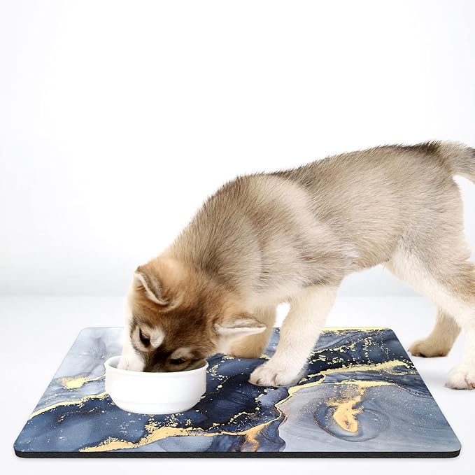 Rnivvi Dog Food Mat, 16" x 24" Marble Absorbent Dog Cat Bowl Mat for Food and Water, Cute Anti-Slip Rubber Pet Feeding Rug Protect Floors, Puppy Placemat for Feeding & Watering Supplies, Grey