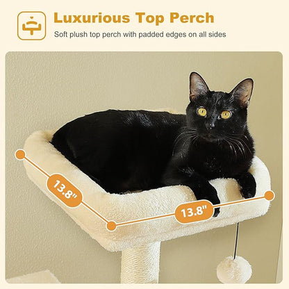 62" Cat Tree for Indoor Cats, Multi-Level Cat Tower with 2 Spacious Condos, Dual Top Perches, Scratching Pad, 4 Scratching Posts, 2 Pompoms, Beige