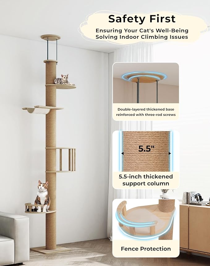COZIWOW Floor-to-Ceiling Cat Tree, Adjustable (89-112 inches), Sturdy 5-Tier Tower for Large Cats. Features 5.5" Scratching Posts, Hammock, Platforms. Saves Space, enriches Indoor Play.
