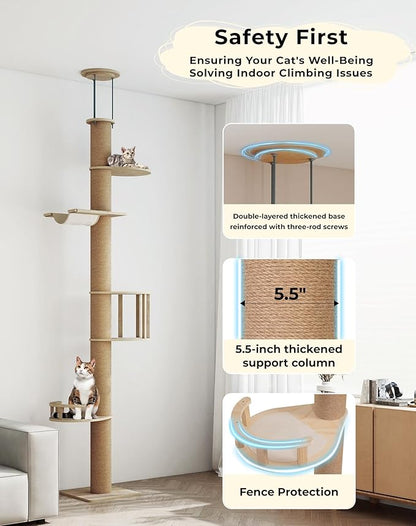 COZIWOW Floor-to-Ceiling Cat Tree, Adjustable (89-112 inches), Sturdy 5-Tier Tower for Large Cats. Features 5.5" Scratching Posts, Hammock, Platforms. Saves Space, enriches Indoor Play.