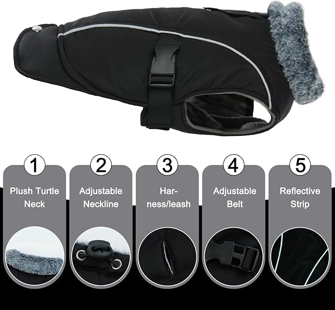 DENTRUN Small Dog Winter Warm Coat - Windproof Cozy Jacket, Thick Fleece Vest with Adjustable Belt, Water Repellent, Reflective Dog Sweater for Yorkie Dachshund Wear, Black, S