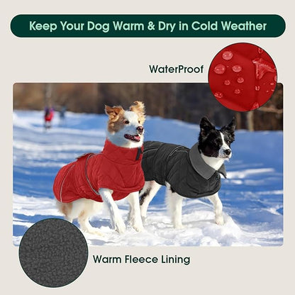 Kuoser Super-Warm Dog Jacket, Fleece Lined Turtleneck Snowsuit for Extra Large Dogs Boy Girl, Windproof Reflective Dog Winter Coat Christmas Pet Cold Weather Clothes, Red 2XL