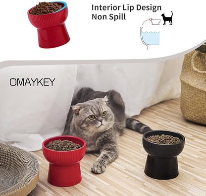 Ceramic Raised Cat Bowls, Elevated Cat Food and Water Bowls Set, 15 oz Porcelain Stress Free Pet Feeder Bowl Dish for Cats and Small Dogs, Dishwasher and Microwave Safe - Set of 2, Red