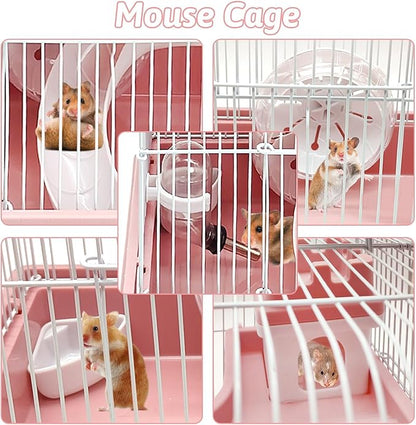 PINVNBY 2-Tier Dwarf Hamster Cage, Travel Portable Mouse Cage Gerbil Cages and Habitats Small Animal Carrier with Castle House Running Exercise Wheels, Water Bottle and Food Dish（Pink）