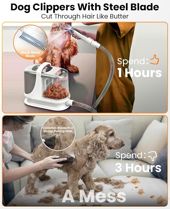 oneisall Dog Grooming Vacuum, 13000Pa Powerful 3L Dust Cup Pet Grooming Vacuum with Dog Clippers & Shedding Brush 7 Dog Grooming Kit, 3L Dust Cup, Super Quiet, 3 Suction Levels, BM3